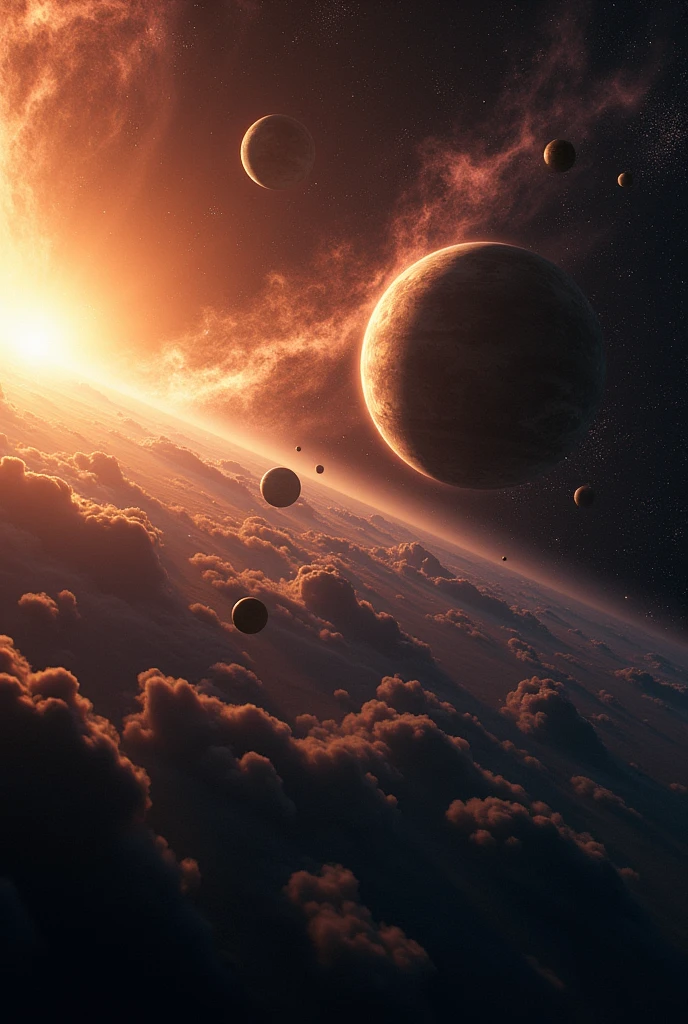 Planets in space with many stars, a Big Bang with the sun in the background and a black hole 

