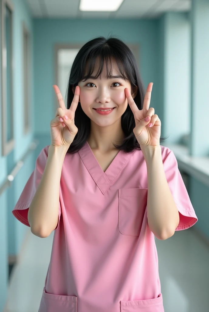 photograph, woman making peace signs with hands over eyes, smiling beautiful Japanese female nurse wearing pink scrubs, hourglass figure, beautiful detailed face, black hair, pale skin, fair skin, realistic skin, detailed cloth texture, detailed hair texture, Perfect proportion, Anatomically correct, Highly detailed face and skin texture, private modern hospital room, looking at viewer, asian face , perfect anatomy, realistic