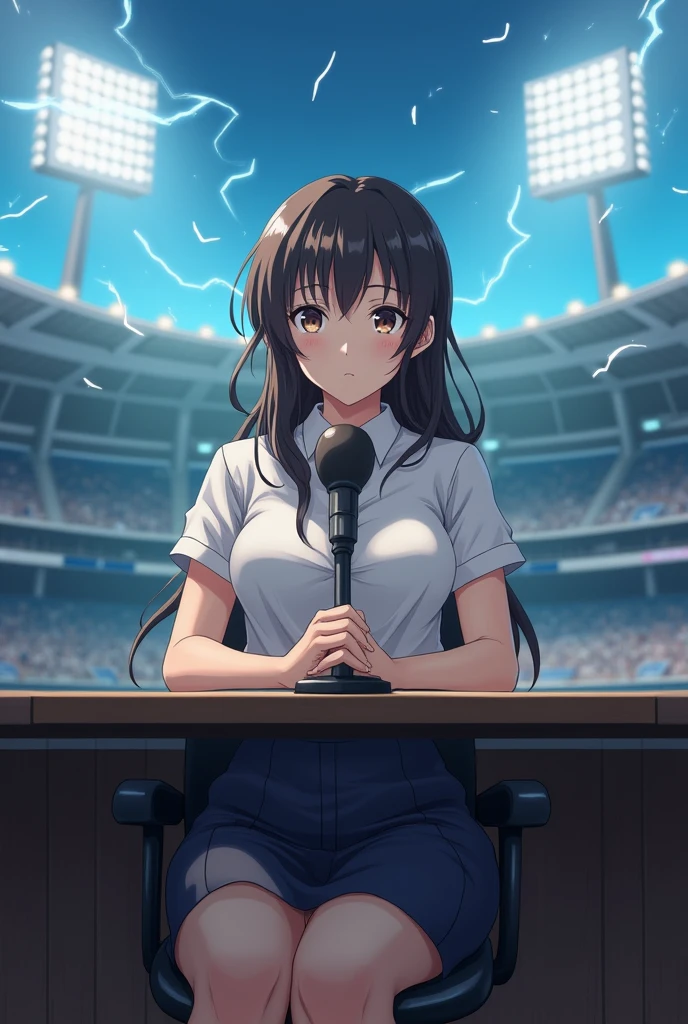Woman sitting at a desk in front of a microphone, Instagram, Shinhanga, baseball stadium during a game, bright atmosphere, Tokyo Dome, covered!!, official media, Akira Toriyama, lightning!! (((photo, photorealism))) Adult video poster layout, (((on-screen text: "The current female announcer of that famous baseball team makes a shocking AV debut!!"))), (((DVD mark, Blu-ray mark))).