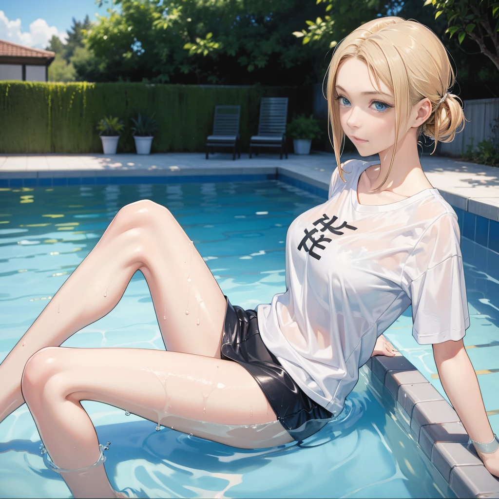 Create a photo-realistic young blond woman (length to shoulder), Blue eyes and big . She is wearing a white T-shirt, Crew Neck, Long and short sleeves, none, She also wore a monochrome black cotton mini skirt. She climbed out of the swimming pool, Wet. The T-shirt clings to her body，A bit transparent. whole body, Wide-angle shooting.  