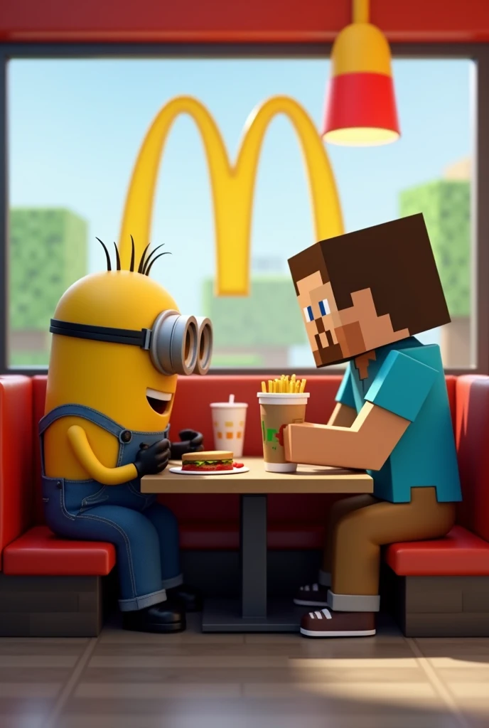 Minion and Minecraft Steve eating in McDonald's