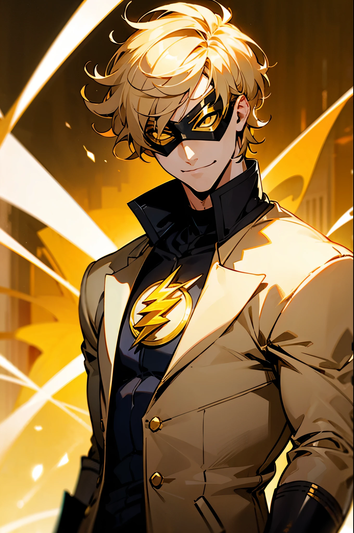 blonde hair, short hair, serious face, short hair, messy hair, street background, casual outfit, mature male, lean build, white and gold super hero outfit, golden mask covering eyes, flash symbol on shirt, big flash symbol, smirking, orange lighting around person