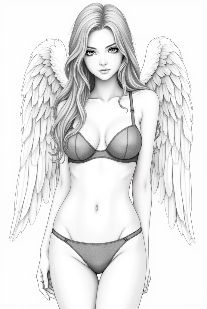 Draw a beautiful angel wearing sheer and skimpy lingerie and showing pubic hair