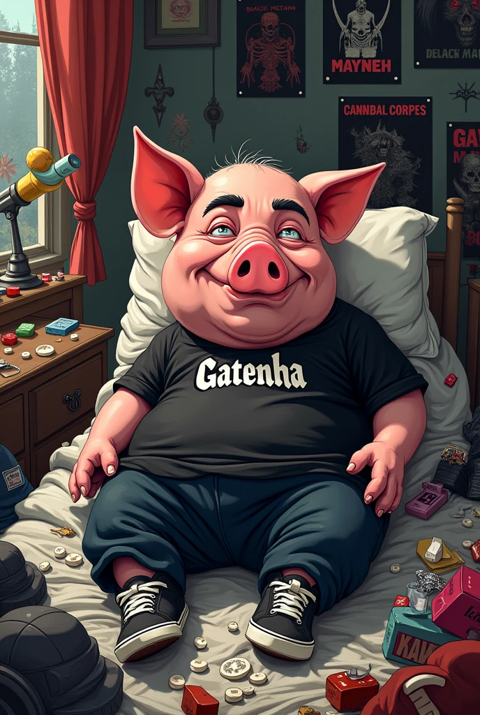 A pig drawn in cartoon art style. The drawing has to be ultra realistic and fun in 4k. A pig in his messy room with clothes and xanax tablets, messy death metal and black metal band outfits, posters de bandas com logos como bandas tipo Mayhem e Canibal corpse e black dahlia murder. But the bands are called Gatenha. The pig is on xanax, and with a black metal band shirt with the name Gatenha. The pig is high on benzodiazepines and his expression is relaxed and content., with swollen eyes. His eyebrows are thick and he is bald, in black pants and Vans sneakers. He is lying in bed lazily 
