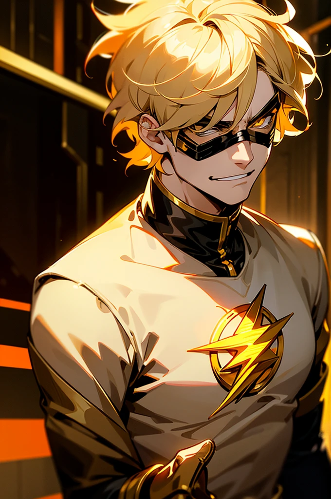 blonde hair, short hair, serious face, short hair, messy hair, street background, mature male, lean build, white and gold super hero outfit, golden mask covering eyes, flash symbol on shirt, big flash symbol, smirking, orange lighting around person