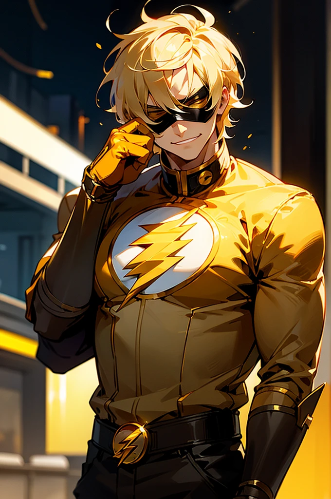 blonde hair, short hair, serious face, short hair, messy hair, street background, mature male, lean build, white and gold super hero outfit, golden mask covering eyes, flash symbol on shirt, big flash symbol, smirking, orange lighting around person
