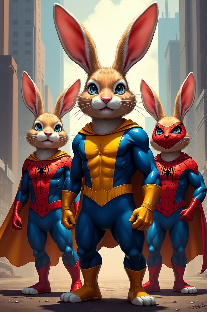 Make the cover of a comic titled "super bunnies" and dress the bunnies up as X-Men and Spiderman characters 