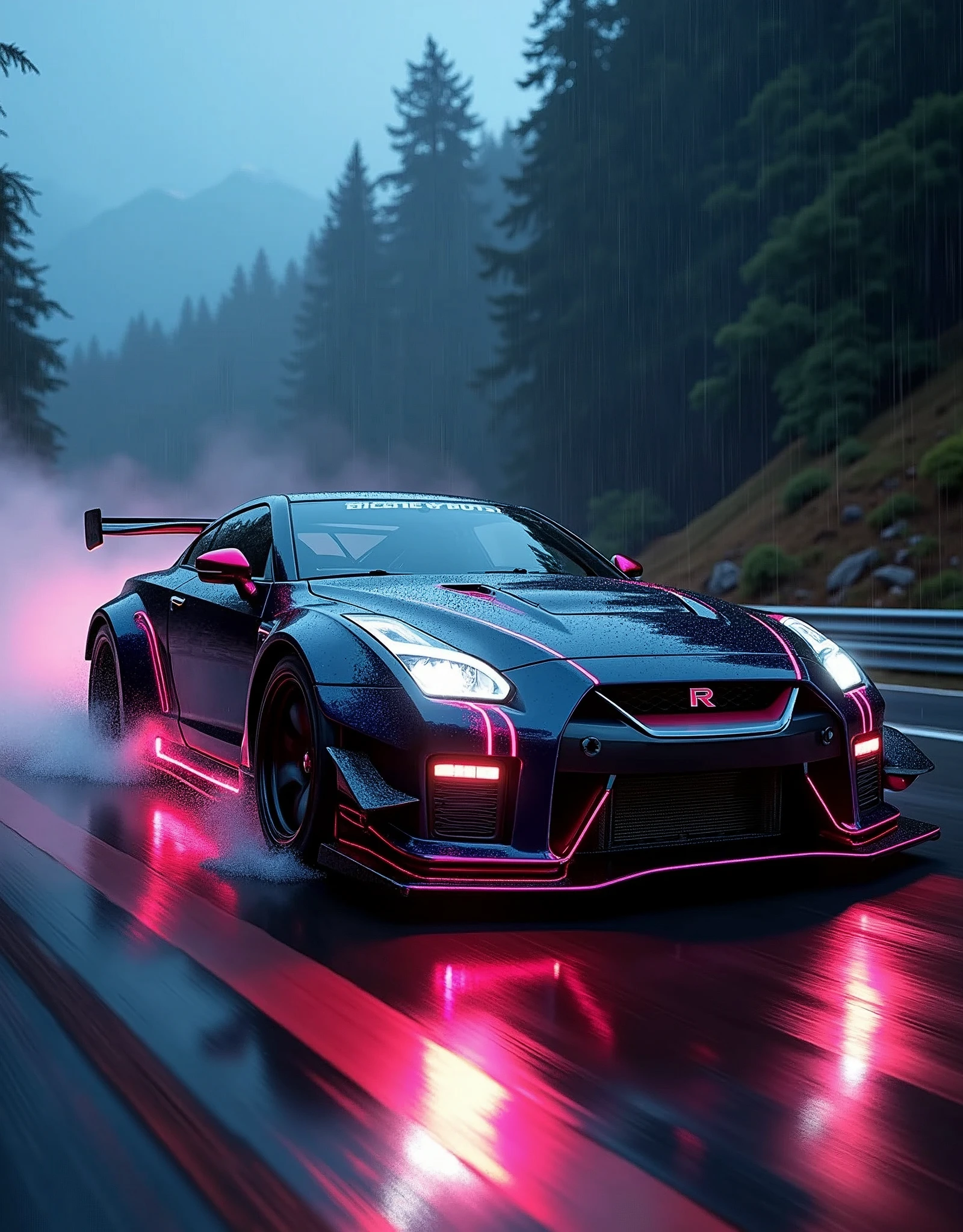 (masterpiece), best quality, ultra-detailed, 8K), 2024 GTR Nismo, street racing-inspired, Drifting inspired, LED, ((Twin headlights)), (((Bright neon color racing stripes))), (Black racing wheels), (best quality,4k,8k,highres,masterpiece:1.2),ultra-detailed, ((a customized car)), ((street racer)), ((a beautiful paintjob)), ((fully detailed)), Wheel spin showing motion, Show car in motion, Burnout,  wide body kit, modified car,  racing livery, masterpiece, best quality, realistic, ultra highres, (((depth of field))), (full dual color neon lights:1.2), (hard dual color lighting:1.4), (detailed background), (masterpiece:1.2), (ultra detailed), (best quality), intricate, comprehensive cinematic, magical photography, (gradients), glossy, Drifting, going fast, night, bright yellow headlights, setting USA Oregon's Mountain roads, No text on signs, Late night time, Set in a rain storm with lightning,1 car., Nature, model shoot style, Fast action style, Sideways drifting in to a turn, Red and black cars, Night with galaxy sky, Fast action style, fire out of tail pipes, Sideways drifting in to a turn, Neon galaxy metallic paint with race stripes, aesthetic, intricate, realistic, cinematic lighting, Neon Paint, streaks of fire,
