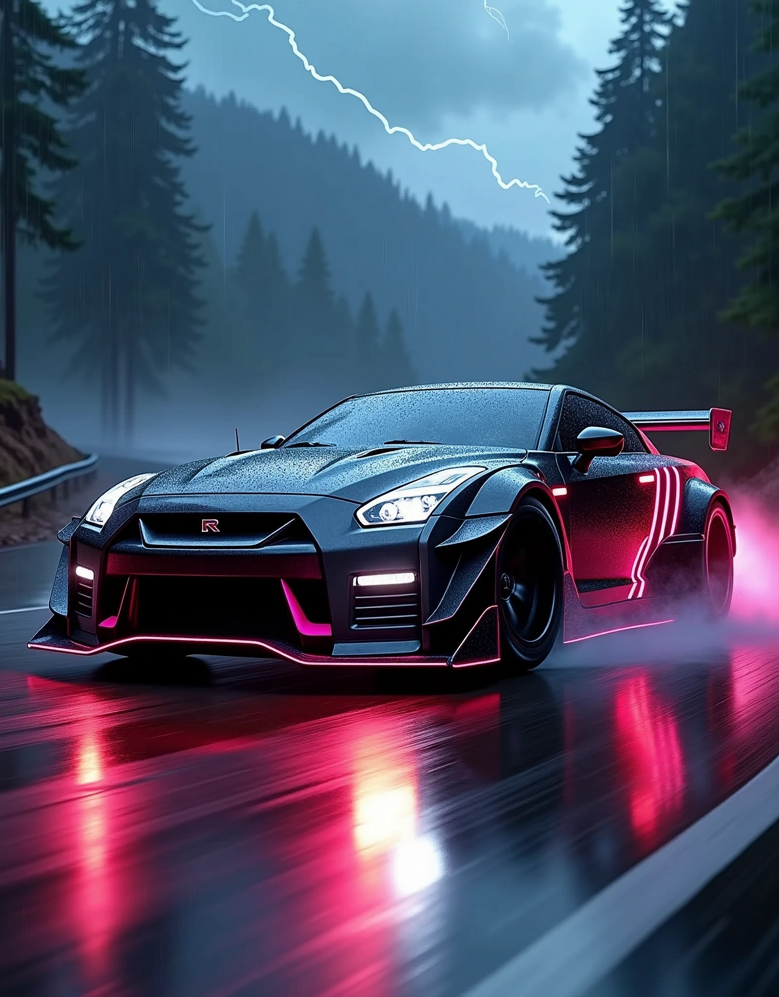 (masterpiece), best quality, ultra-detailed, 8K), 2024 GTR Nismo, street racing-inspired, Drifting inspired, LED, ((Twin headlights)), (((Bright neon color racing stripes))), (Black racing wheels), (best quality,4k,8k,highres,masterpiece:1.2),ultra-detailed, ((a customized car)), ((street racer)), ((a beautiful paintjob)), ((fully detailed)), Wheel spin showing motion, Show car in motion, Burnout, wide body kit, modified car, racing livery, masterpiece, best quality, realistic, ultra highres, (((depth of field))), (full dual color neon lights:1.2), (hard dual color lighting:1.4), (detailed background), (masterpiece:1.2), (ultra detailed), (best quality), intricate, comprehensive cinematic, magical photography, (gradients), glossy, Drifting, going fast, night, bright yellow headlights, setting USA Oregon's Mountain roads, No text on signs, Late night time, Set in a rain storm with lightning,1 car., Nature, model shoot style, Fast action style, Sideways drifting in to a turn, Red and black cars, Night with galaxy sky, Fast action style, fire out of tail pipes, Sideways drifting in to a turn, Neon galaxy metallic paint with race stripes, aesthetic, intricate, realistic, cinematic lighting, Neon Paint, streaks of fire,