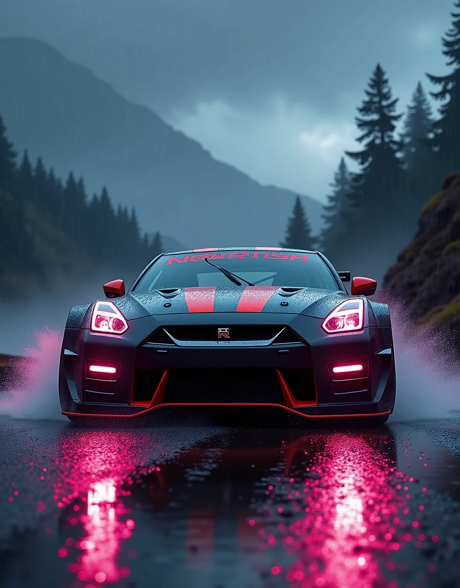 (masterpiece), best quality, ultra-detailed, 8K), 2024 GTR Nismo, street racing-inspired, Drifting inspired, LED, ((Twin headlights)), (((Bright neon color racing stripes))), (Black racing wheels), (best quality,4k,8k,highres,masterpiece:1.2),ultra-detailed, ((a customized car)), ((street racer)), ((a beautiful paintjob)), ((fully detailed)), Wheel spin showing motion, Show car in motion, Burnout,  wide body kit, modified car,  racing livery, masterpiece, best quality, realistic, ultra highres, (((depth of field))), (full dual color neon lights:1.2), (hard dual color lighting:1.4), (detailed background), (masterpiece:1.2), (ultra detailed), (best quality), intricate, comprehensive cinematic, magical photography, (gradients), glossy, Drifting, going fast, night, bright yellow headlights, setting USA Oregon's Mountain roads, No text on signs, Late night time, Set in a rain storm with lightning,1 car., Nature, model shoot style, Fast action style, Sideways drifting in to a turn, Red and black cars, Night with galaxy sky, Fast action style, fire out of tail pipes, Sideways drifting in to a turn, Neon galaxy metallic paint with race stripes, aesthetic, intricate, realistic, cinematic lighting, Neon Paint, streaks of fire,
