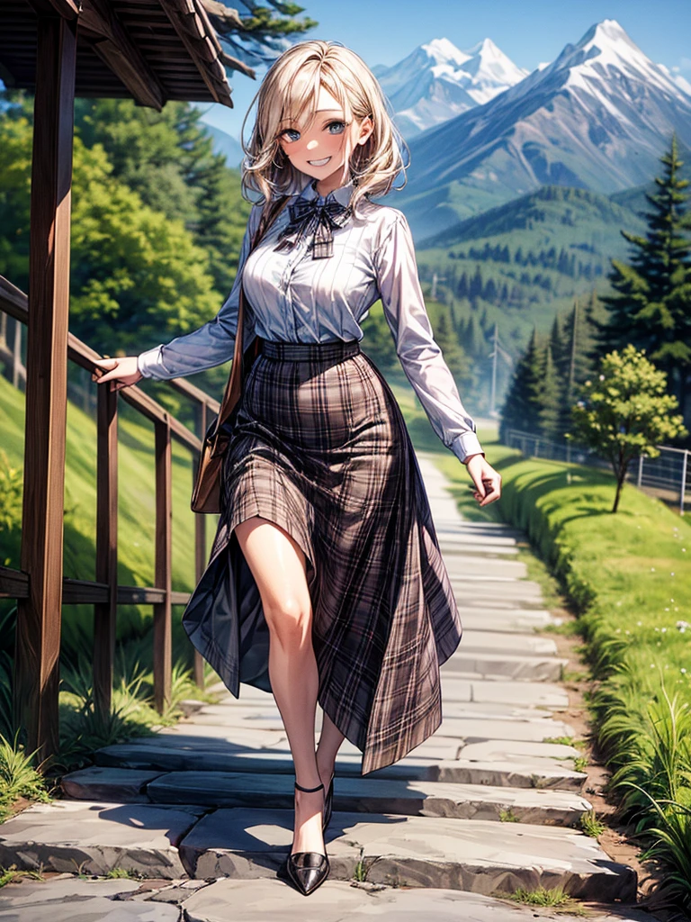 (Biologically correct limb count),Full body, including face,4K,Focus on the masterpiece face,Well-proportioned facial features,Delicate descriptive eyes,(One beautiful woman),(No sleeve,black plaid skirt),(Grin),looking at the camera,Mountain trail,Outdoor,walking,Walking down the stairs,((High heels))