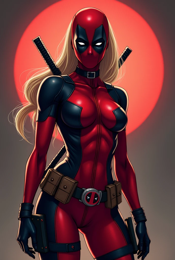 Make a female version of Deadpool showing her ass without clothes