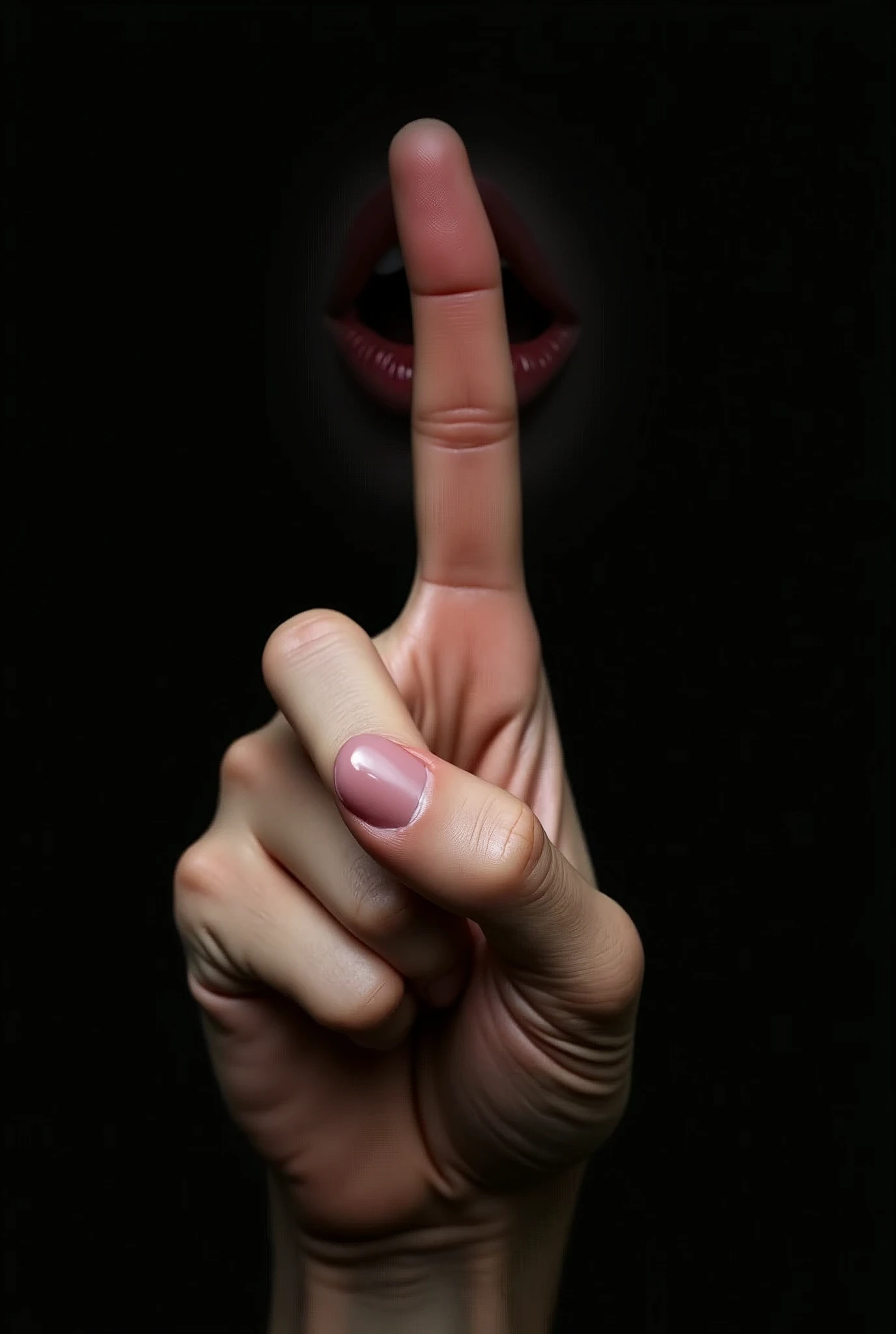 Create an image with a finger in front of a mouth making a silence sign with a realistic black background