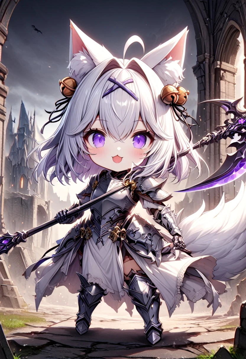 master piece, best quality, ultra-detailed, illustration, 1girl, solo, chibi, (big head), cute pose, front view, looking at viewer, ((full body Close up)), filian, filianoverall, Filiansailor, ((white hair)) , short hair, shoulder length hair, fly-away hair, bangs, hairclip, purple hair ornament, cat ears, (hair bell:1.3) ahoge, purple eyes, open mouth, smiling, (white fox tail), (knight outfit), knight's armor, metal breastplate, armored gloves, wielding scythe , metal greaves, armored boots, battlefield, gloomy atmosphere, broken castle, broken walls, ruins