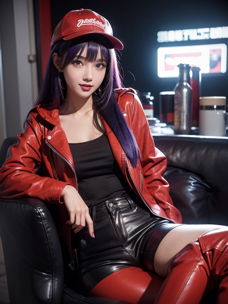 Best Quality,8k,middle School girls,Purple Leather Jacket,Wearing a cap,Gravure idol,I'm grating my bangs,Straight Hair,perfectionにまっすぐな髪型,Smooth hair,colorful hair colors,blue eyes,Flashy hair,Cyberpunk Girl,Naughty Girls,model,Absurd,Wearing red leather pants,Horny girl,Naughty Girls,masterpiece,perfection,hoodie,smile,Long Hair,Sitting in a chair,