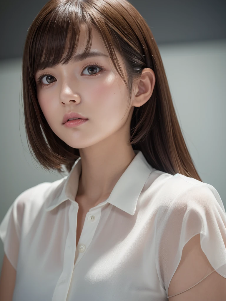 Product quality,1 girl,Cowboy Shot,Front view,Young and pretty girl in Japan,Midday,Wearing a stylish white blouse,Wearing a micro mini skirt,Super cute face,,Glossy Lips,Big eyes,Double eyelids on both eyes,(Natural Makeup),Brown eyes,shiny smooth light brown hair with long hair,,Asymmetrical bangs,Center image,8k resolution,Attention to detail,Detailed hairstyle,Detailed face,Cinema Lighting,Octane Rendering,Ultra-realistic,Perfect limbs,Perfect Anatomy,