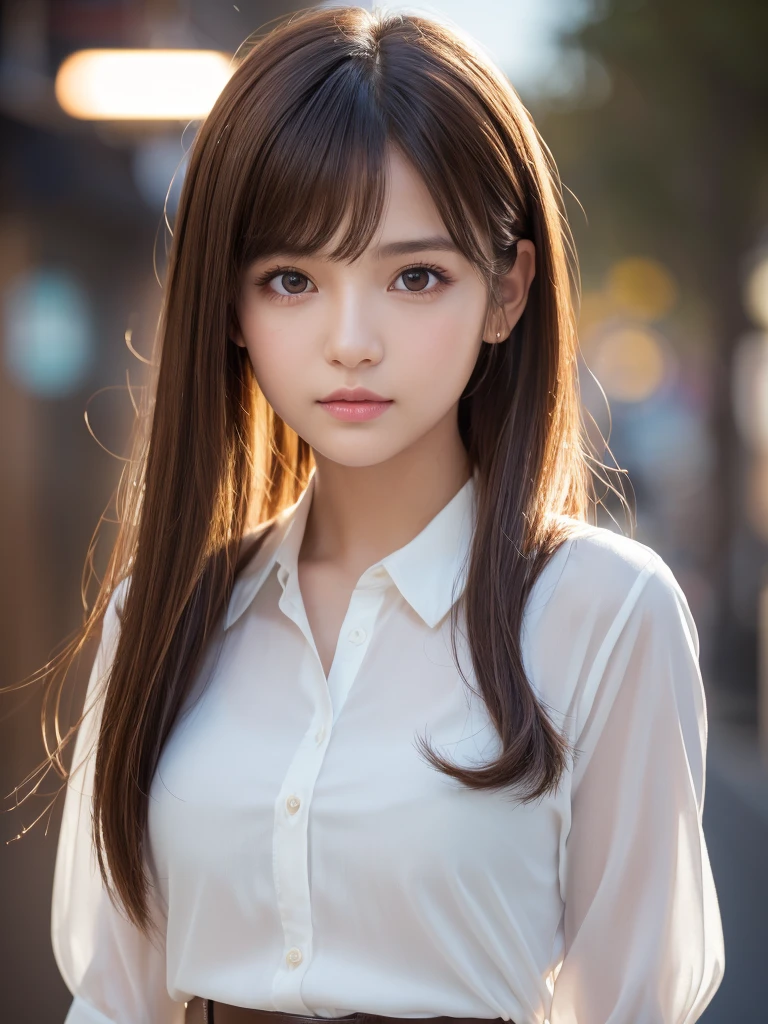 Product quality,1 girl,Cowboy Shot,Front view,Young and pretty girl in Japan,Midday,Wearing a stylish white blouse,Wearing a micro mini skirt,Super cute face,Baby Face,Glossy Lips,Big eyes,Double eyelids on both eyes,(Natural Makeup),Brown eyes,shiny smooth light brown hair with long hair,,Asymmetrical bangs,Center image,8k resolution,Attention to detail,Detailed hairstyle,Detailed face,Cinema Lighting,Octane Rendering,Ultra-realistic,Perfect limbs,Perfect Anatomy,
