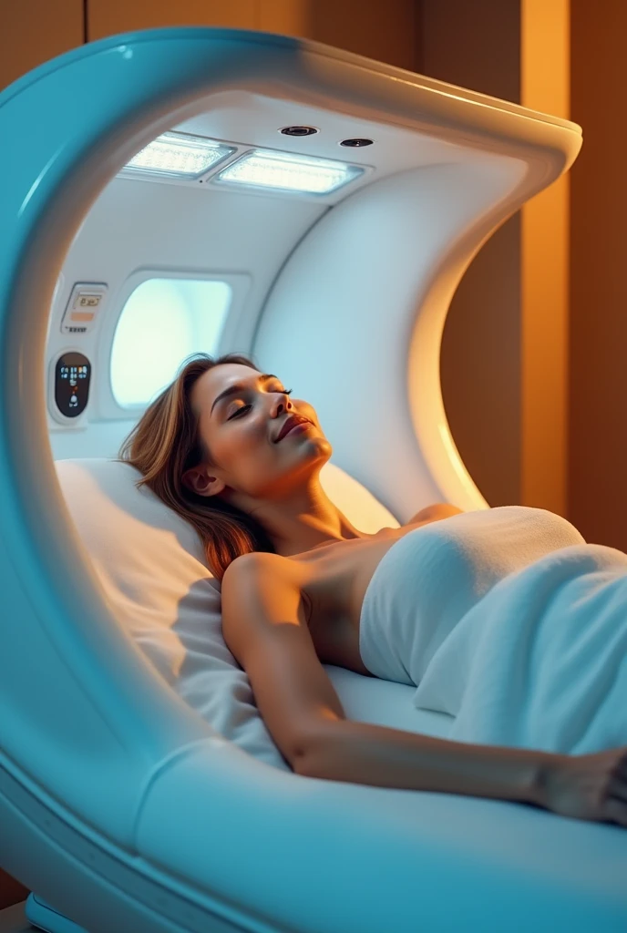 Woman tanning inside the LED machine