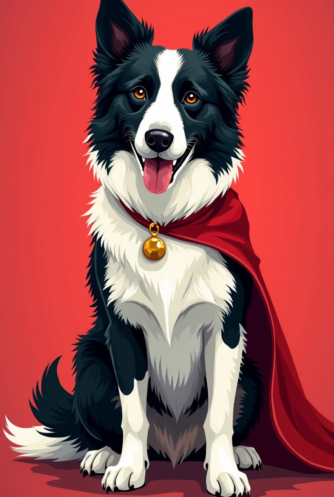 create an illustration of a superhero border collie, with a cover in black colors, red and white