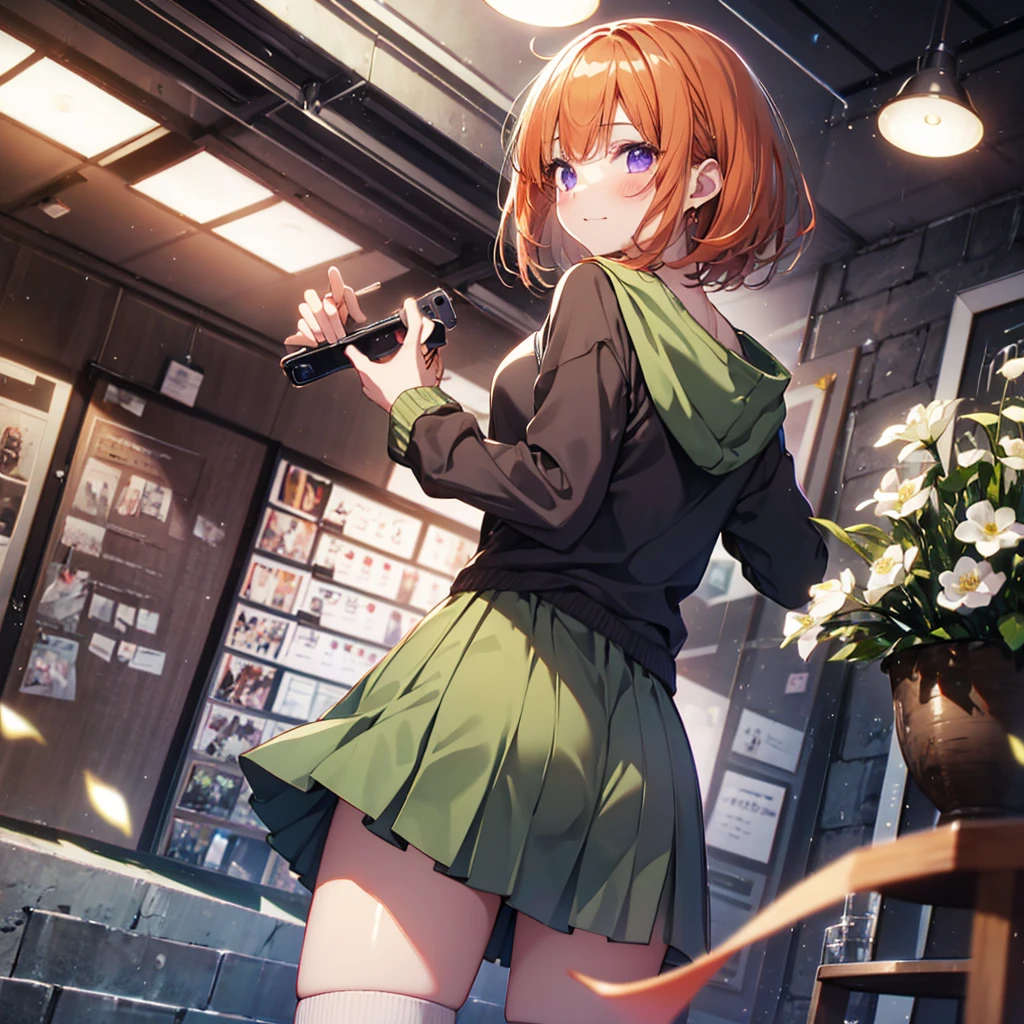 Highest quality,Best image quality,In 8K,4K,masterpiece,Ultra-detailed,beautiful、super high quality, Highest quality,High resolution, Very detailed,Game CG,Dutch Angle ,beautiful細部までこだわった目, Visual Arts,Five Fingers, Perfect hands,beautiful girl,alone,1 Girl,Curvy,((Very short side tail)),Exposing shoulders,(From below:1.5),(From behind:1.5),Ass Focus,Wedge Shape,blush,Cowboy Shot,Recall,(picnic:1.3), Highest quality,Best image quality,Perfect Anatomy,masterpiece,Ultra-detailed,beautiful,super high quality, Highest quality,High resolution, Very detailed,Game CG,Dutch Angle ,beautiful細部までこだわった目,Visual Arts,Five Fingers, Perfect hands,Hide your hands, {{{One Girl}}}, beautiful詳細な女の子, Game CG, Spring flower, One curl on the outside, Short Bob Hair, Pastel orange hair, Purple eyes,Stylish accessories solo, breast enhancement, Medium Shoot, woman, Take-out, Laughter, huge ,,Pastel green checkered mini skirt,Black knee-highs, {{{{{Wearing a pastel green hoodie}}}}},Open your mouth, wonderful, beautiful細部までこだわった目, Highest quality, Very delicate,Masseter muscle area,Highest quality,(Official Art、Highest quality、Unity 8k wallpaper、32K、masterpiece、Ultra-detailed、超High resolution、Realistic、Photorealistic:1.2)、(Cinema Lighting:1.2)、The most grainy shadows on the film、Side light、Side Shot、(Ultra-detailedで複雑な3Dレンダリング)、Atelier Series,