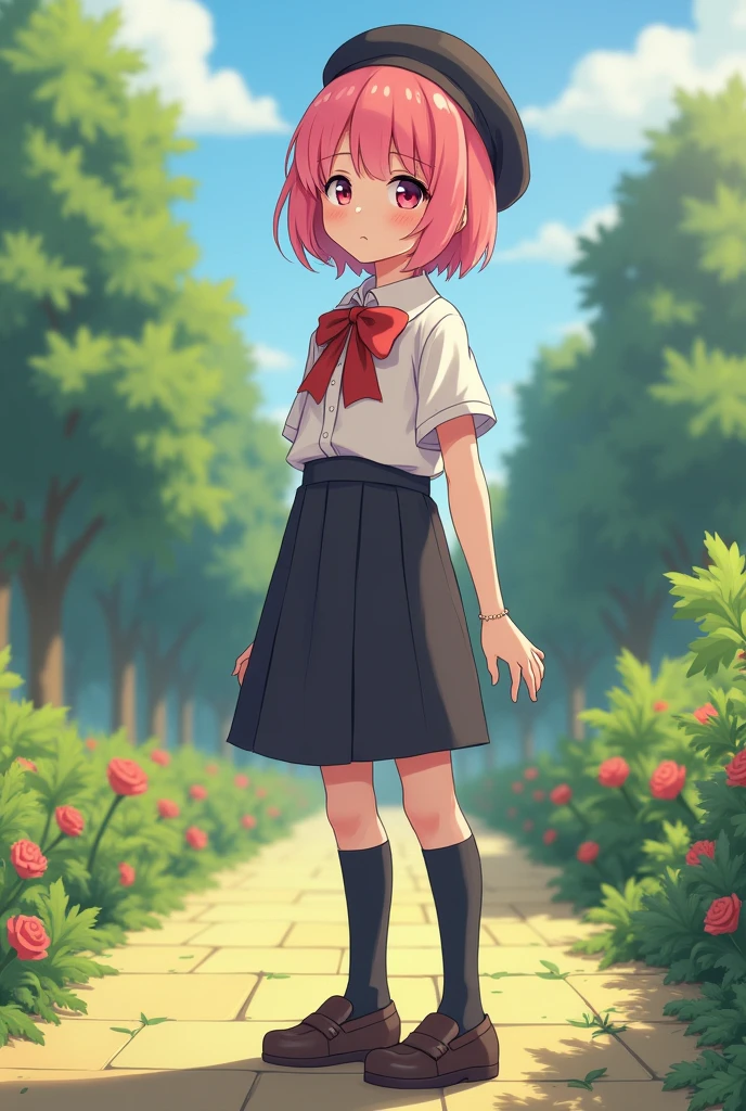 (absurdres, highres, ultra detailed, realistic),1 boy, pink hair, short hair, long skirt, long socks, black socks, beret,standing on a garden