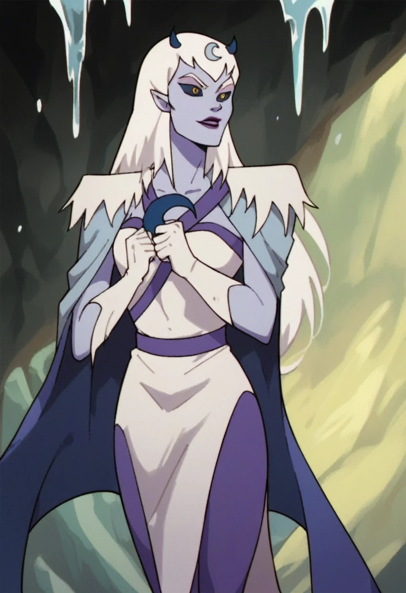 score_9, score_8_up, score_7_up, score_6_up, score_5_up, score_4_up, a girl in the frozen cave,  chilla, thundercats, icicles, standing,  colored skin, cape, white hair, long hair, solo,  black sclera, yellow eyes,  score_9, source_anime