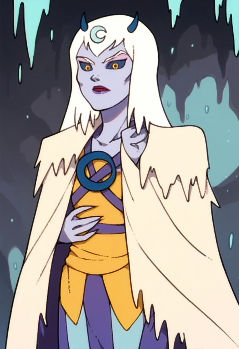score_9, score_8_up, score_7_up, score_6_up, score_5_up, score_4_up, a girl in the frozen cave, chilla, thundercats, icicles, standing, colored skin, cape, white hair, long hair, solo, black sclera, yellow eyes, score_9, source_anime