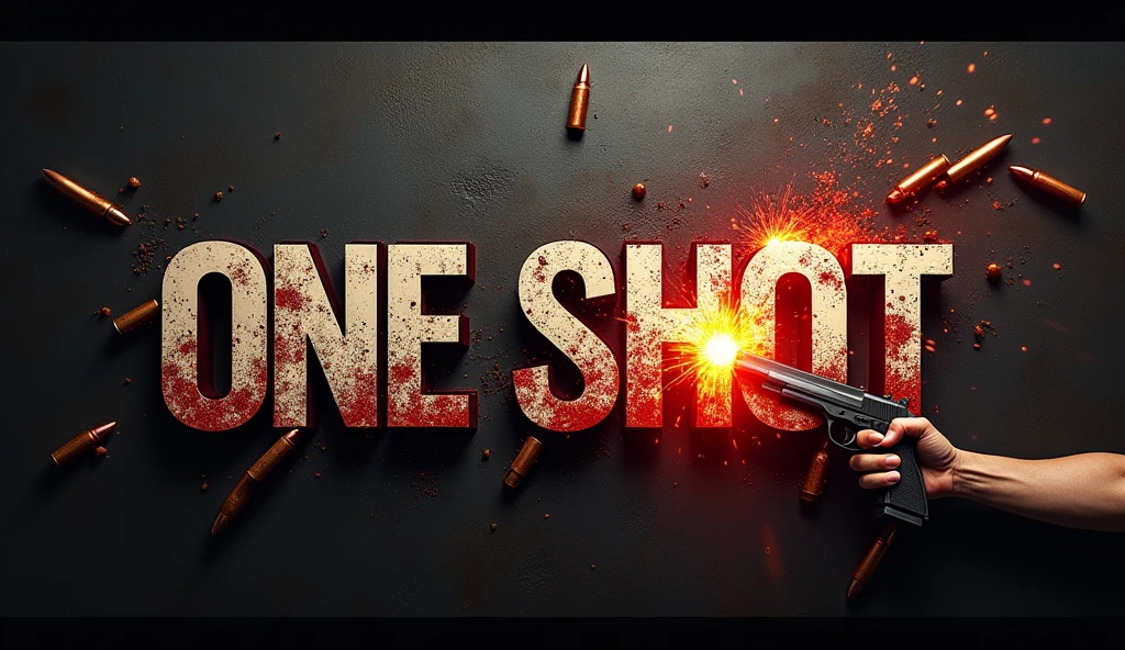 Creating an extremely aggressive digital music cover to YouTube, with an intense and dark atmosphere. The cover must feature realistic and detailed firearms, with visible shots, capturing the exact moment bullets leave the guns. Explosion and spark effects should be vivid and dramatic, occupying a large part of the image. The background must be dark, with metallic tones and rustic textures to intensify the feeling of danger and intensity. The title of the song, ‘One Shot’, must be displayed in large, striking letters, with a typography that refers to violence and energy, perhaps with shattering or cracking effects. The name of the artist, 'Marcelo Semedo', should appear in a corner, in a slightly smaller font, but still strong and striking, to complement the title. The color palette should include black, Red blood, and metallic gray tones.