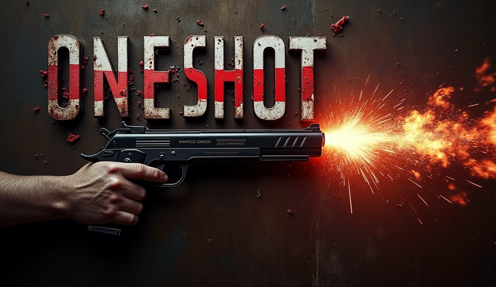 Creating an extremely aggressive digital music cover to YouTube, with an intense and dark atmosphere. The cover must feature realistic and detailed firearms, with visible shots, capturing the exact moment bullets leave the guns. Explosion and spark effects should be vivid and dramatic, occupying a large part of the image. The background must be dark, with metallic tones and rustic textures to intensify the feeling of danger and intensity. The title of the song, ‘One Shot’, must be displayed in large, striking letters, with a typography that refers to violence and energy, perhaps with shattering or cracking effects. The name of the artist, &#39;Marcelo Semedo&#39;, should appear in a corner, in a slightly smaller font, but still strong and striking, to complement the title. The color palette should include black, Red blood, and metallic gray tones.
