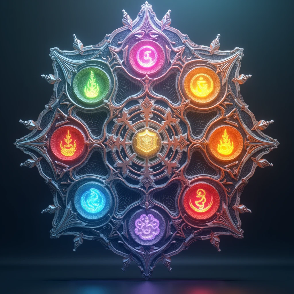 Generate an image that has an original shape, delicate, Of course the symbols of the 7 chakras with many colors in strong tones.
