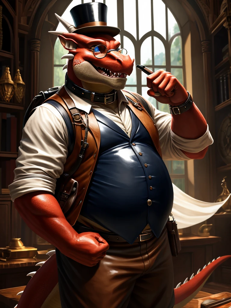Solo, Male, fat, extremely obese, gentleman, dapper Professor Dragon, blue eyes, (posing:1.3), (soft shading), 4k, hi res, ((detailed face, detailed)), looking at viewer, mouth wide open, steampunk, collared shirt with buttons, top hat, male focus, Explorer Outfit, glasses, monocle, bag, vest with buttons, backpack, sleeves rolled up, round eyewear, brown headwear, brown vest, Dragon is wearing a glossy leather dog collar around the neck, Dragon is wearing the leather collar and shirt and vest at the same time, Dragon is wearing glossy white rubber gloves on the hands, wearing white rubber gloves on the feet, gloves are rubber in texture, clenching teeth, clenching fists, leather collar is glossy and shiny with a lot of detail, Dragon is wearing gloves and leather collar at the same time, leather collar has a round dog-tag, leather collar is thick and detailed. (high quality,4k,8k,highres,masterpiece:1.2),ultra-detailed,(realistic,photorealistic,photo-realistic:1.37), masterpiece,(intricate details), captivating artwork, artistically rendered, masterful strokes, attention to detail, tasteful composition, alluring charm, careful shading, great attention to anatomy, meticulous rendering, impeccable craftsmanship, vivid colors, perfect balance between realism and fantasy.
