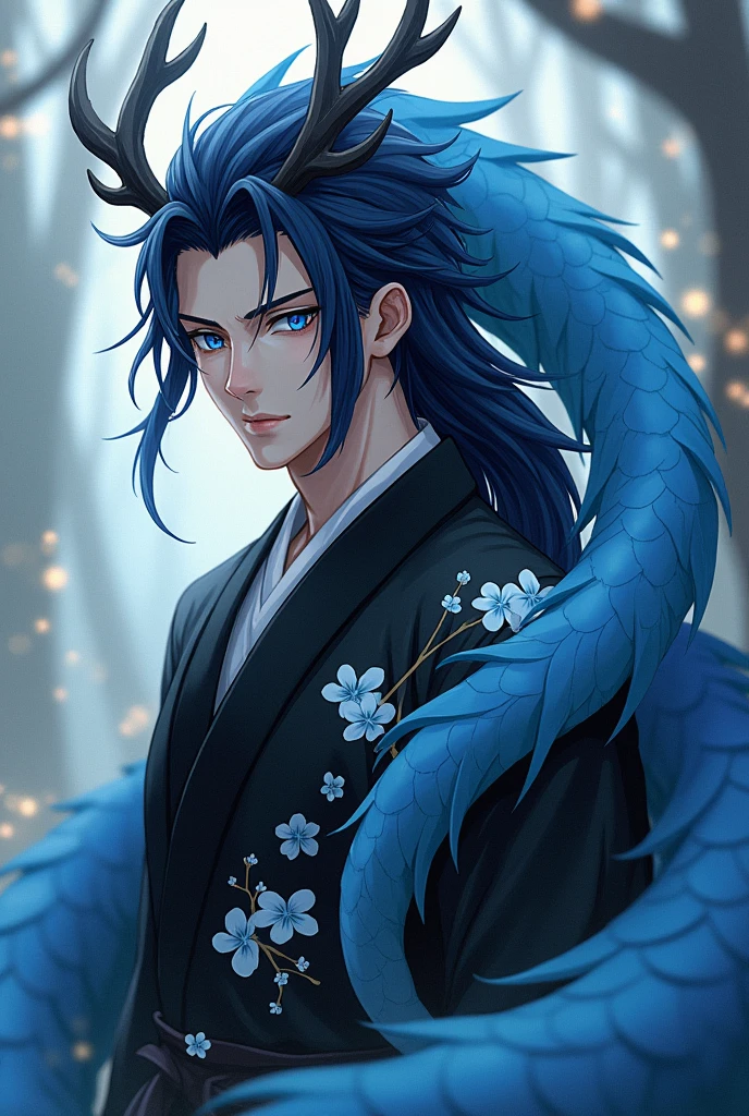 (handsome man with long black hair,Crystal Blue Eyes Japanese Dragon Hybrid,with tail and rounded horns like branches,black haori with sky blue cherry print,anime style blue scales )