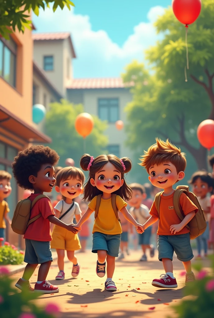 
 * "Une commune et une école s'unissent pour une journée caritative, des enfants de toutes origines jouent ensemble, sourires, ballons, soleil."
 * "Bénévoles municipaux et élèves plantant des arbres dans un parc, diversité, solidarité, nature."
 
 * Style artistique: , "style réaliste 
 * Atmosphère: "ambiance joyeuse", "ambiance chaleureuse", "ambiance festive 
 * Éléments visuels: "ballons colorés", "pancartes avec des slogans", 