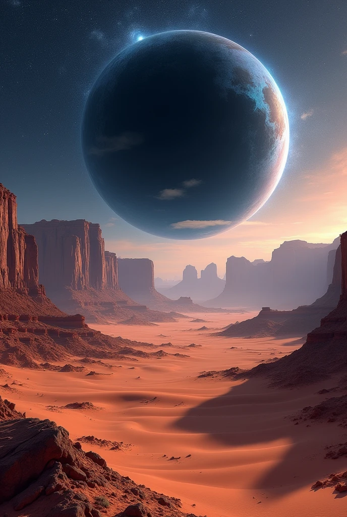 Desert with mountains and black hole in the background 
