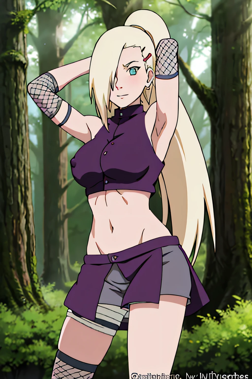 Ino Yamanaka, charming, Groin, cowboy shoot, Extraordinarily detailed face,In the forest, sunny day, Daytime, upper body view, anime style, alone, House details, Blonde, ((One eye is covered with fur., Hair over the eyes)), Medium bust, Belly button, looking at the audience, ( curved body), hidden eyes, smile, open mouth, very happy, high, Hair clips, Looks sharp, Sharp face, Sharp eyes, cool colors,Knees up,Beautiful legs,taking a shower((Beautiful nipples, Hard nipple, Medium boobs,Show your legs,Soaking wet, Leg lift, Spread your legs,blushing)), jump, ความละเอียดhigh, best quality, sexy,Leg liftโชว์เป้า