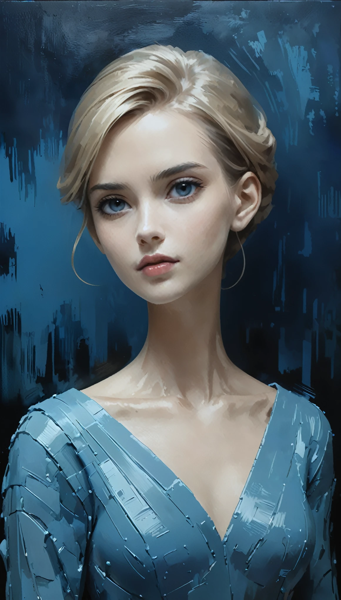 in style of Carolina Herrera-【Gorgeous clothing designer】-,in style of Casey Baugh
1girl,character concept design,upper body,(clear oil painting of the clay strokes:1.2),cool tone tone,dark background,blue atmosphere,three-dimensional sense,(real, realistic, stereoscopic:1.43)