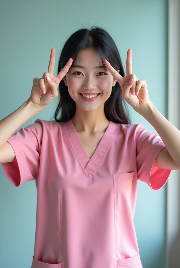 photograph, woman making sideways peace signs with hands over eyes, smiling beautiful Japanese female nurse wearing pink scrubs, hourglass figure, beautiful detailed face, black hair, pale skin, fair skin, realistic skin, detailed cloth texture, detailed hair texture, Perfect proportion, Anatomically correct, Highly detailed face and skin texture, private modern hospital room, looking at viewer, asian face , perfect anatomy, realistic