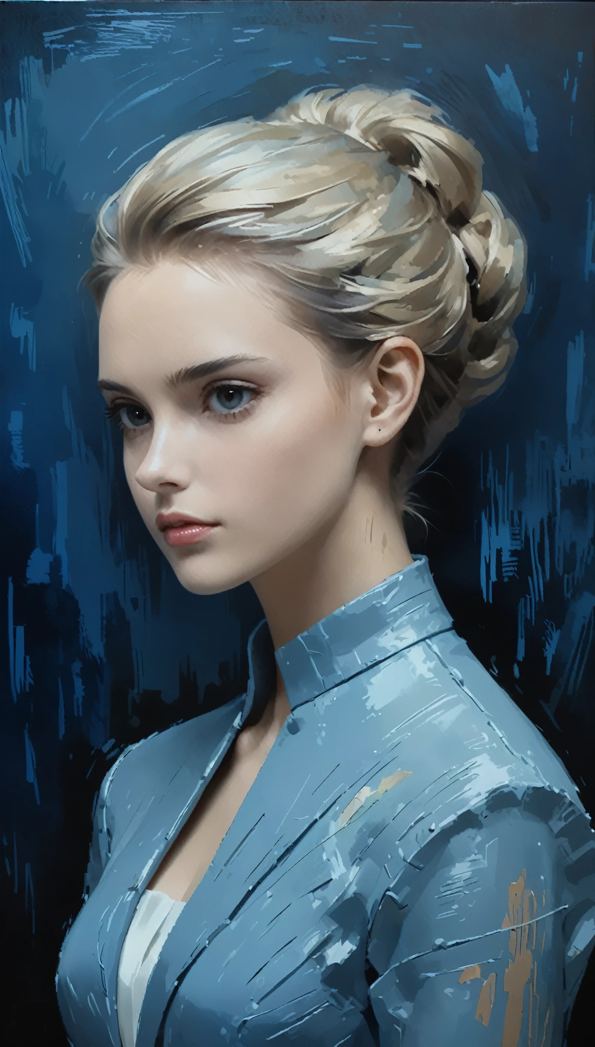 in style of Carolina Herrera-【Gorgeous clothing designer】-,in style of Casey Baugh
1girl,character concept design,upper body,(clear oil painting of the clay strokes:1.2),cool tone tone,dark background,blue atmosphere,three-dimensional sense,(real, realistic, stereoscopic:1.43)