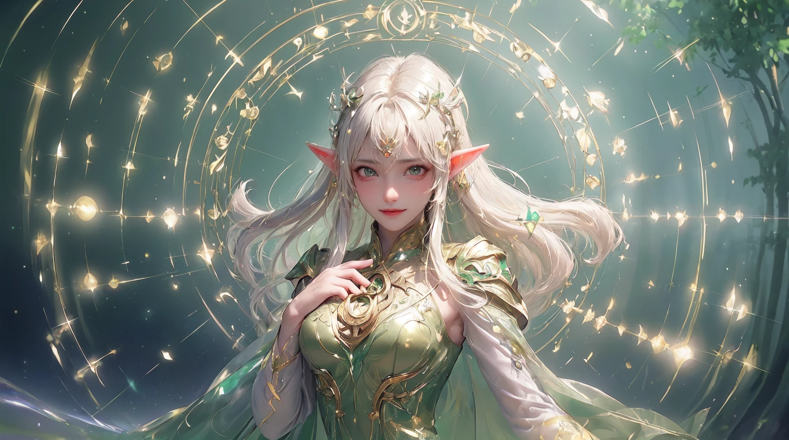 (((masterpiece, Highest quality, High resolution, Attention to detail)))), ((((Fantasy)))), One, (Elf Woman)))), (White short skirt with gold embroidery), (Long straight blonde hair), (beautiful dark green eyes)))), (Green cloak armor with gold embroidery)), big, (Strong winds), (Casting a Spell)), (Many shiny particles are flying), ((( A vortex of light gathers in my hand))), (((The background is a magic circle of light with geometric patterns and magic letters densely drawn on it.))), ((Many glowing green arrows are shot)), forest, Magic circle reflected on the cloak