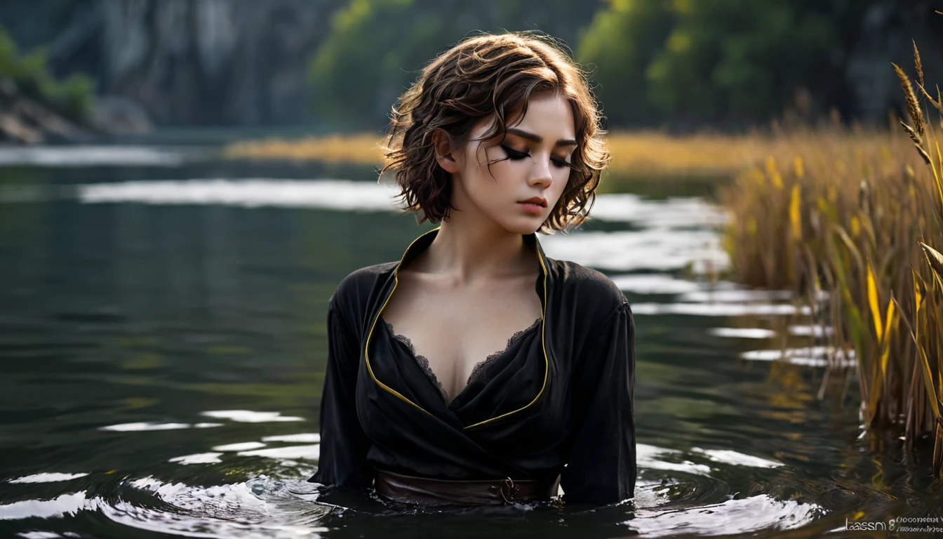 ((masterpiece, Fantasy,One eye closed, Girl)), Brown wavy short hair, Assassin in black cloth, Yellow Eyes, Lakeside
