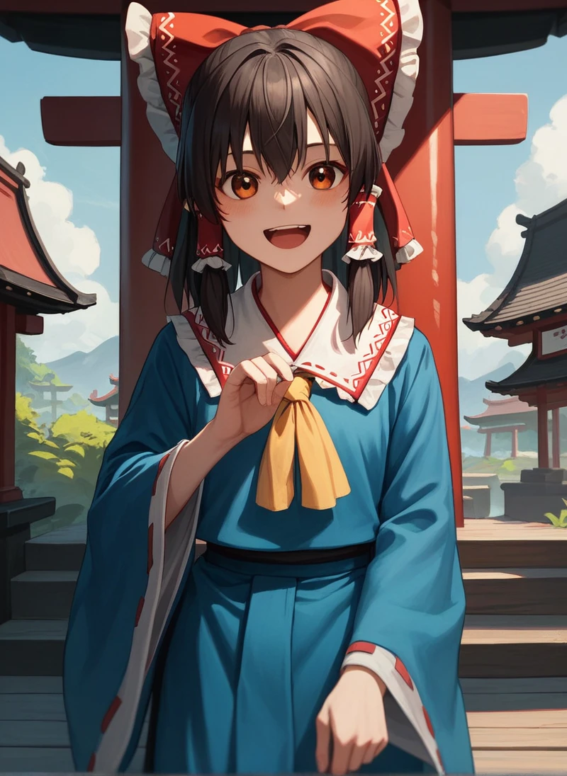 score_9, score_8_up, score_7_up, rating_safe, reimu in blue outfit, standing in front of her shrine, happy neutral face, whole body. 