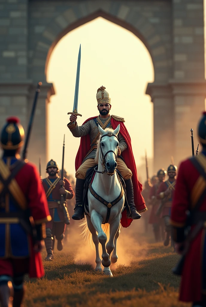 18th century Tipu Sultan of Mysore white a sword in hand riding a white horse surrounded by his soldiers emerging from a dark stone arched wall in 8k resolution landscape photorealistic image. British soldiers are targeting and firing at them with muskets