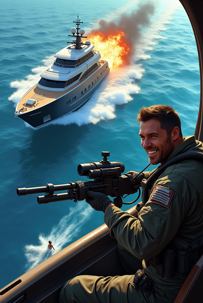 Here's a prompt based on the image:
"Create an action-packed scene featuring a person in military gear with a wide grin, operating a heavy machine gun mounted on a helicopter. The gun is firing bullets at a luxurious yacht on the ocean below, causing visible damage and flames to erupt from the yacht's hull. A small figure on the deck of the yacht is shown with arms raised, emphasizing the chaos and intensity of the moment. The ocean is a vibrant blue, and the whole image has a dynamic and intense energy."