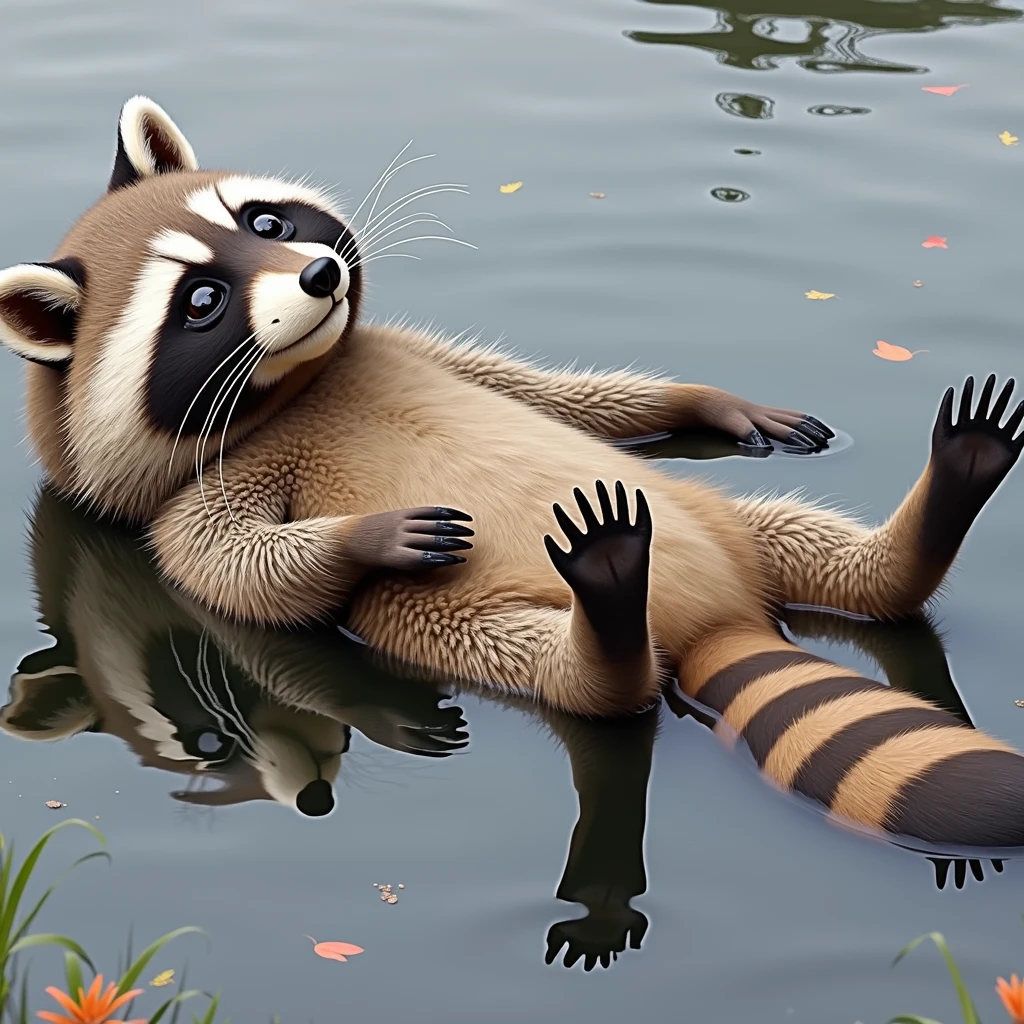 a raccoon lying on its back floating in the water