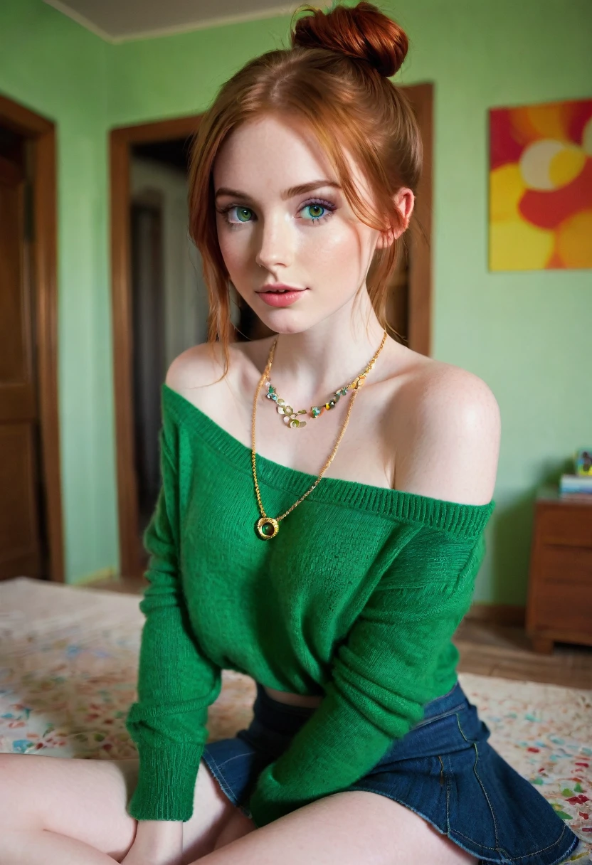 Low quality, wrong lights, wrong exposition, amateur selfie of an eye contact of a redhead young girl with hair in a bun, green colored eyes, ((Karen Gillan)) 18 years old, ???????? with the camera, necklace, Off The Shoulder sweater, colorful sweater, ???????, sicilian room background, cleavage, thigh, short skirt, ????