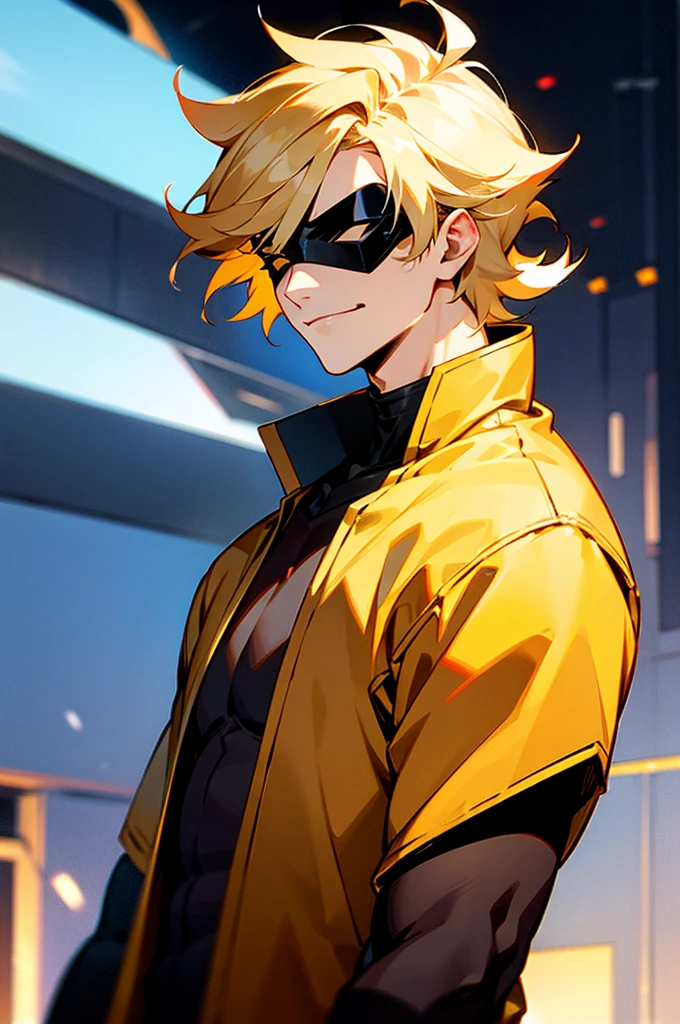 blonde hair, short hair, serious face, short hair, messy hair, street background, mature male, lean build, white and gold super hero outfit, golden mask covering eyes, flash symbol on shirt, big flash symbol, smirking, orange lighting around person
