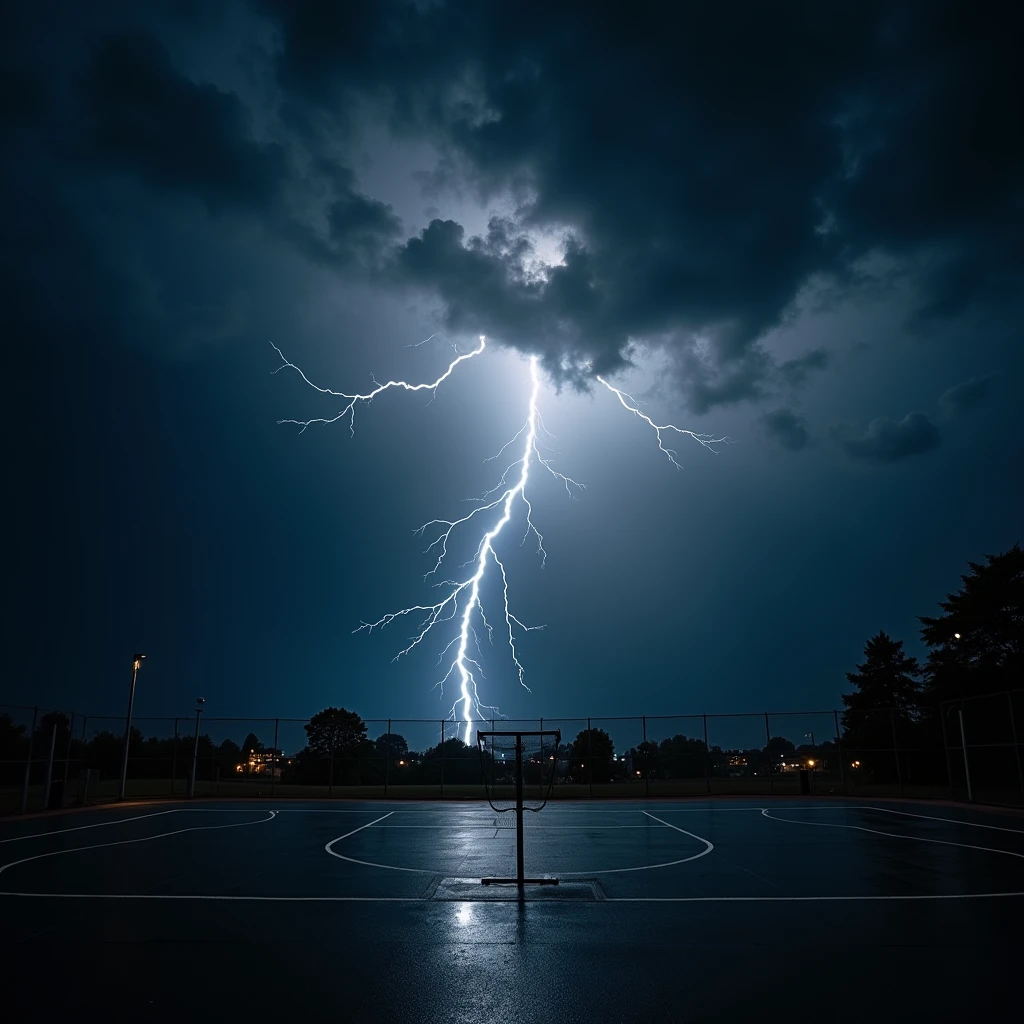 dark sports background with lightning and an electrical storm that can be seen from a gym room
