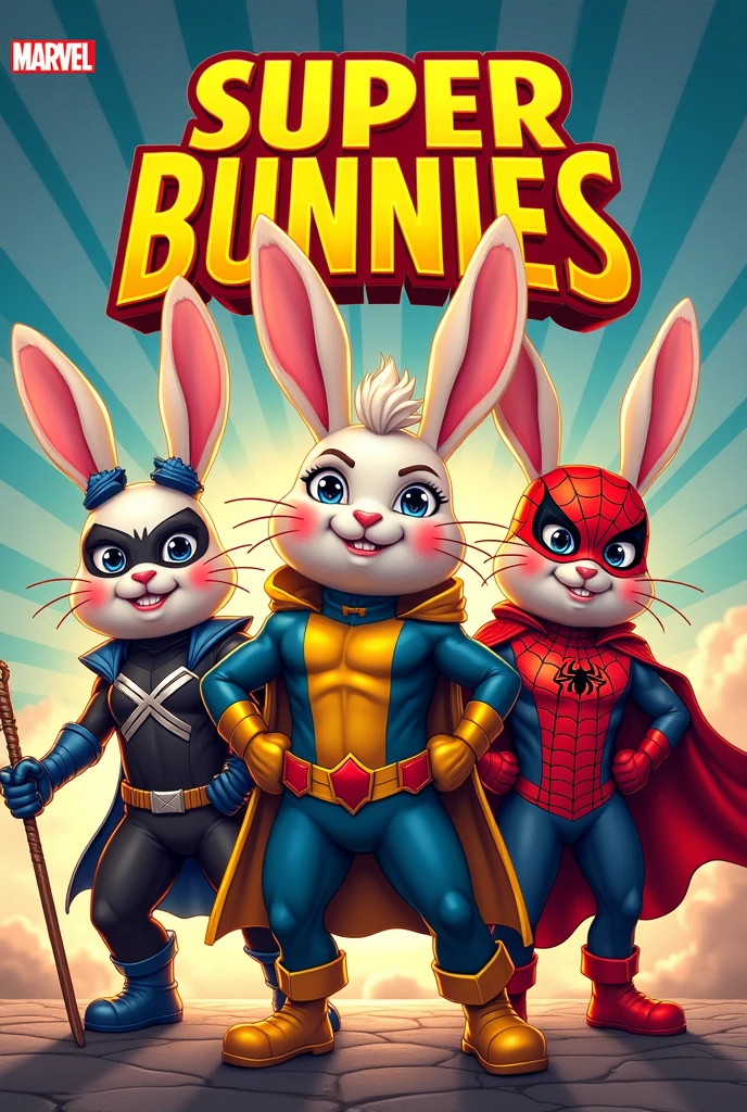 Make the cover of a comic titled "super bunnies" and dress the bunnies up as X-Men and Spiderman characters 