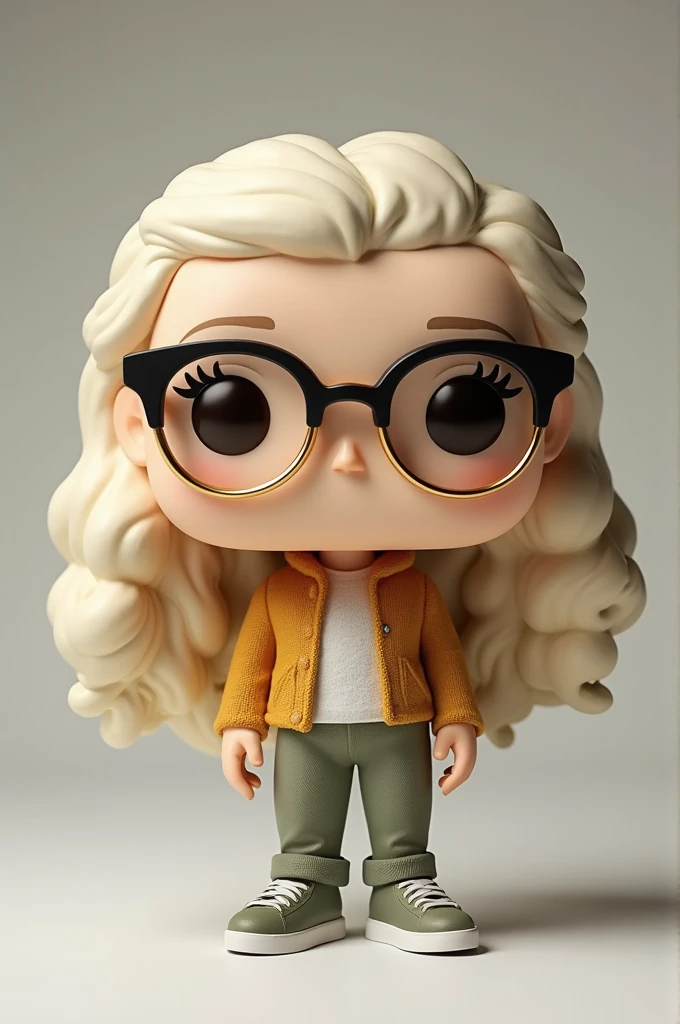Pale Funko Pop with below shoulder curly hair with blonde highlights, dark brown eyes and gold and black glasses