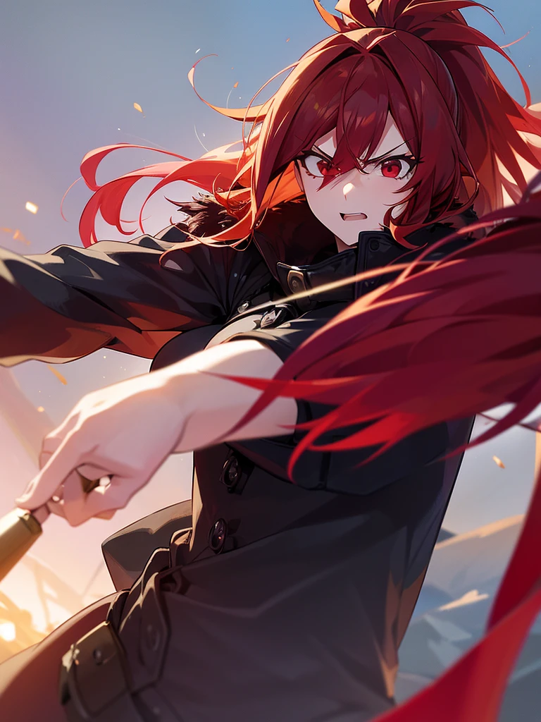 1 girl,Redhead,,Red eyes,Hold a sniper, Target your audience, Angry expression,Wearing a red fur jacket, Medium Hair,ponytail, Are standing,it&#39;s snowing, Strong winds, In the Arctic, White T-shirt, Black long pants